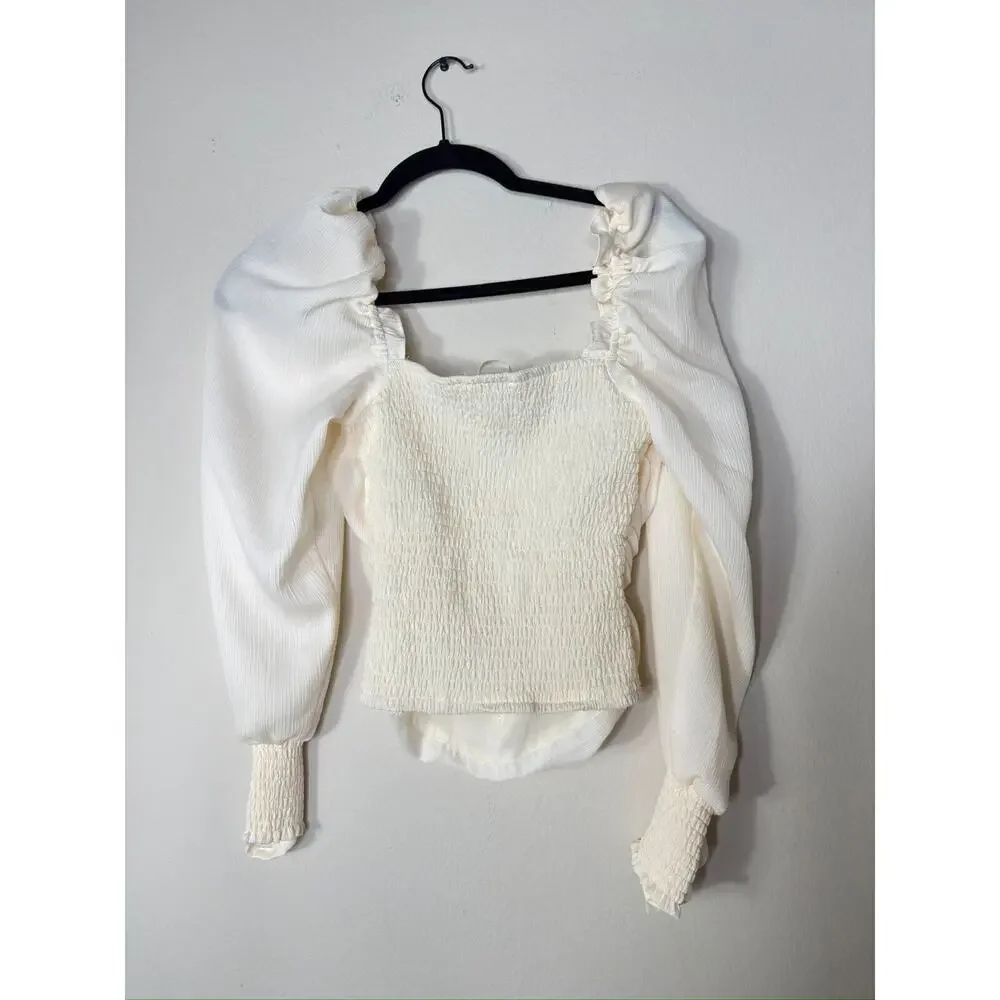 ASTR The Label Top Women XS Cream Puff Sleeve Square Neck Ruched Stirring Preppy